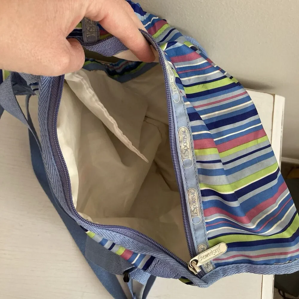 LeSportSac Blue Pink Striped Voyager Drawstring Nylon Small Backpack Bag